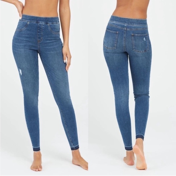 SPANX Jean-ish Leggings Skinny Jeans Distressed Released Raw Fray Hem Size Small - Picture 7 of 14